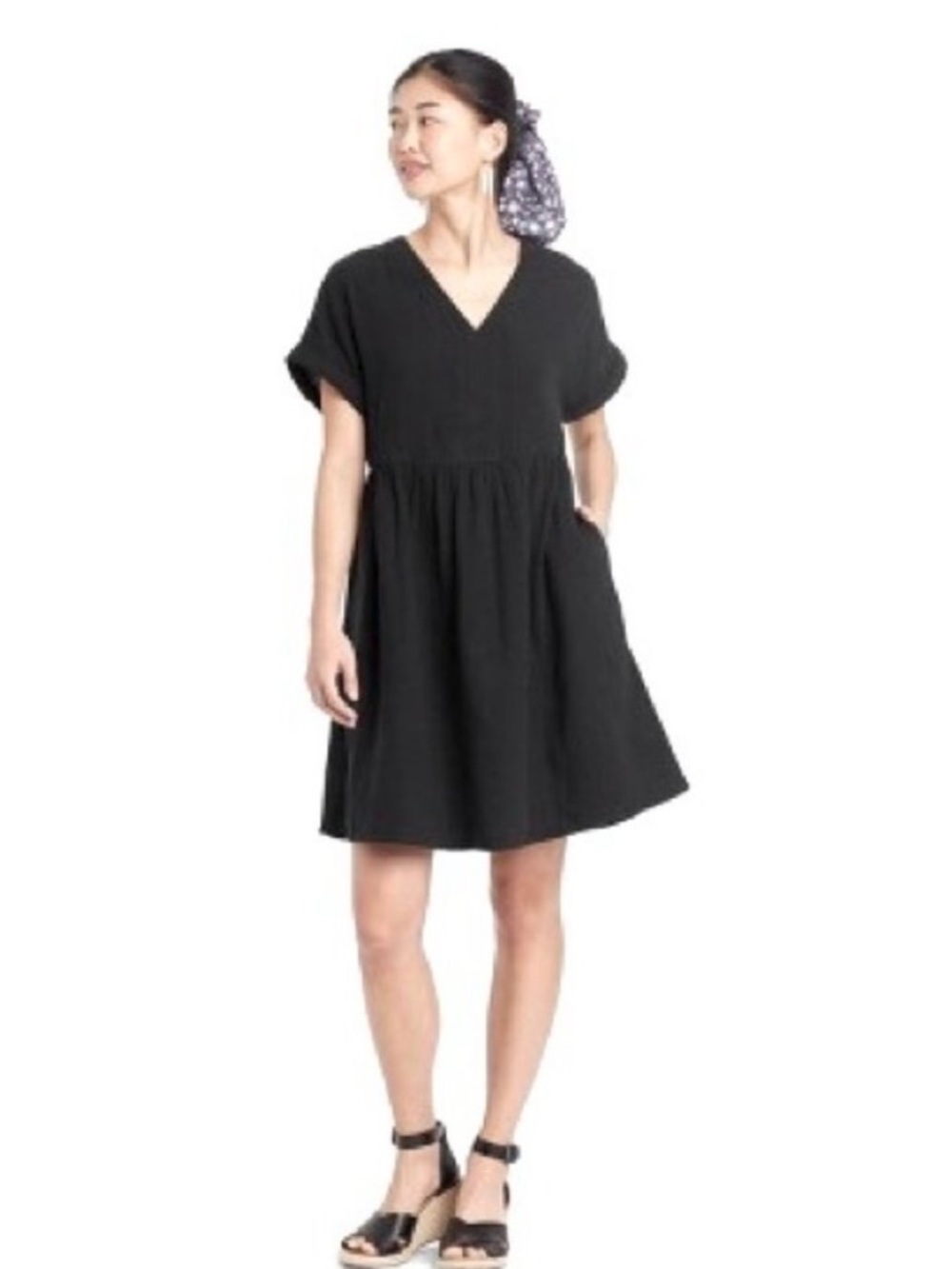 Universal Thread Black Short Sleeve V-Neck Babydoll Dress Pocket Cotton Gauze XS